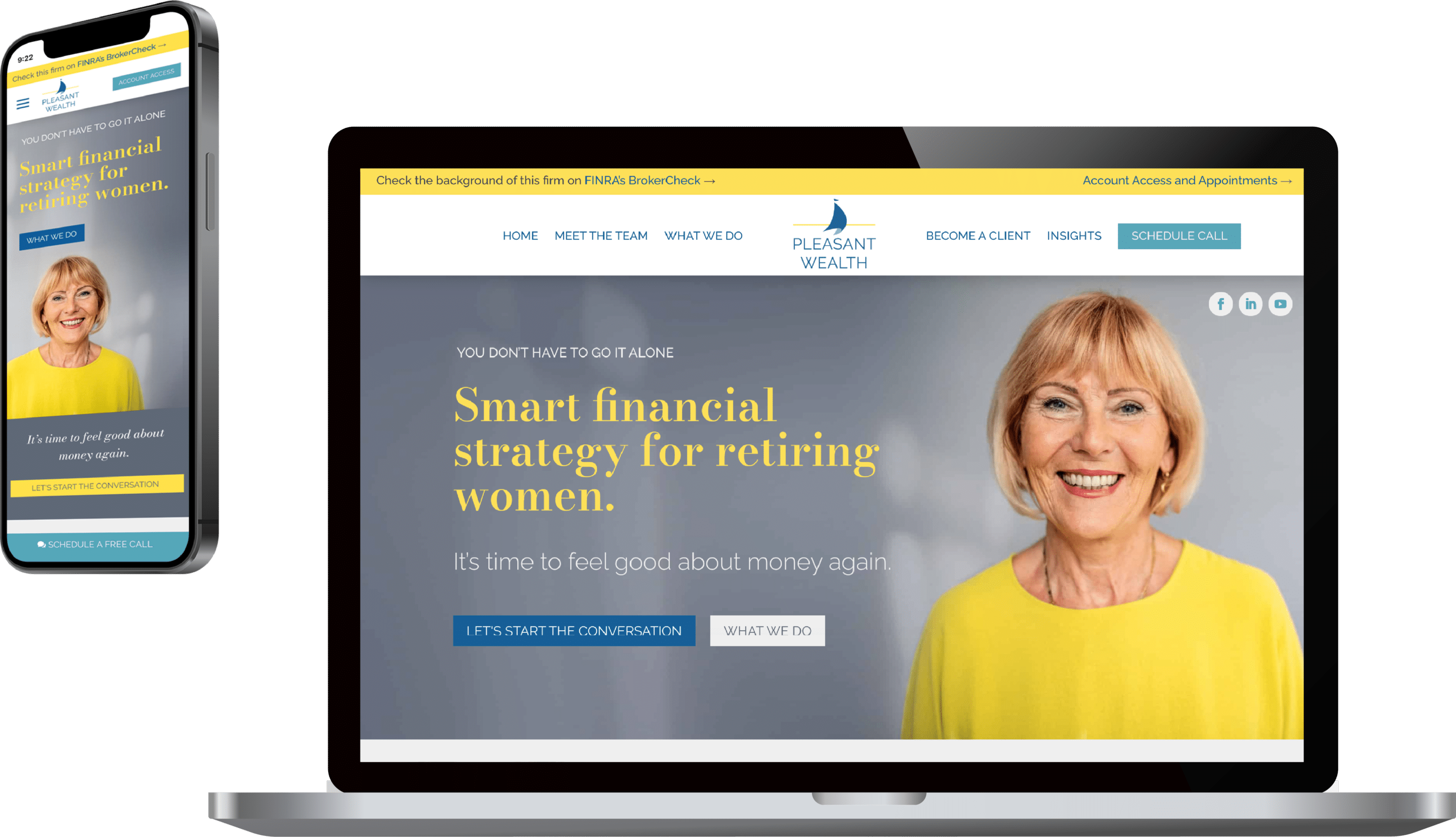 Pleasant Wealth website project shown on a laptop and mobile devices